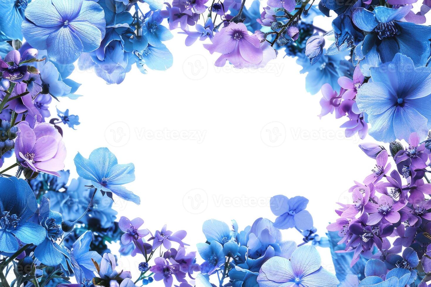 A floral banner with blue and purple flowers and a blank space for text in the center. photo