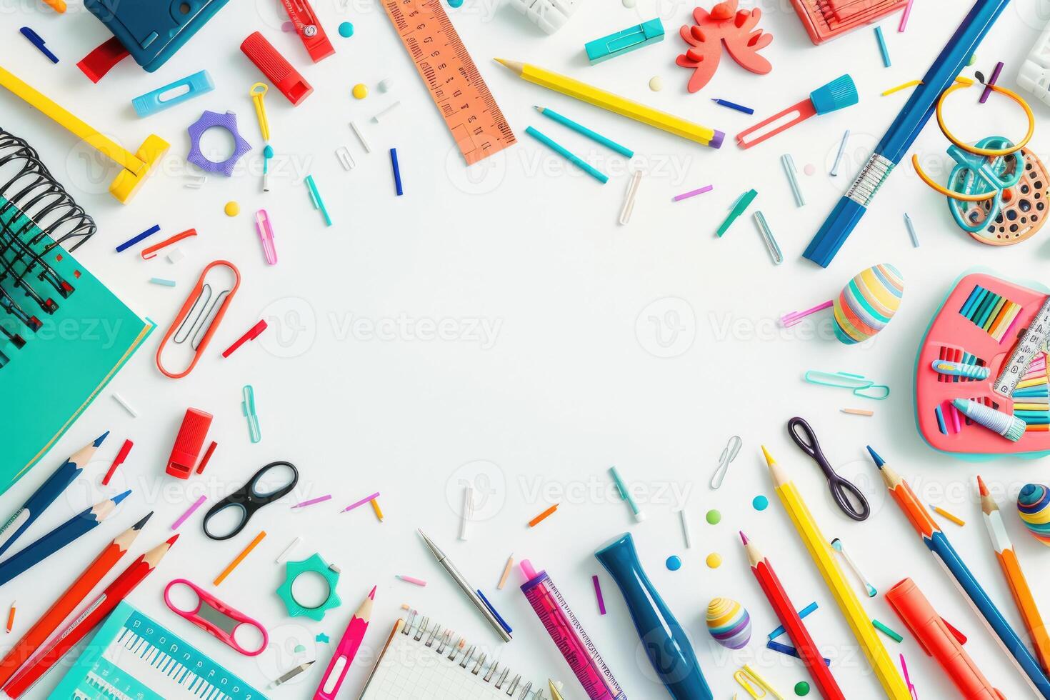 A clean white background with colorful school supplies around the edges. photo