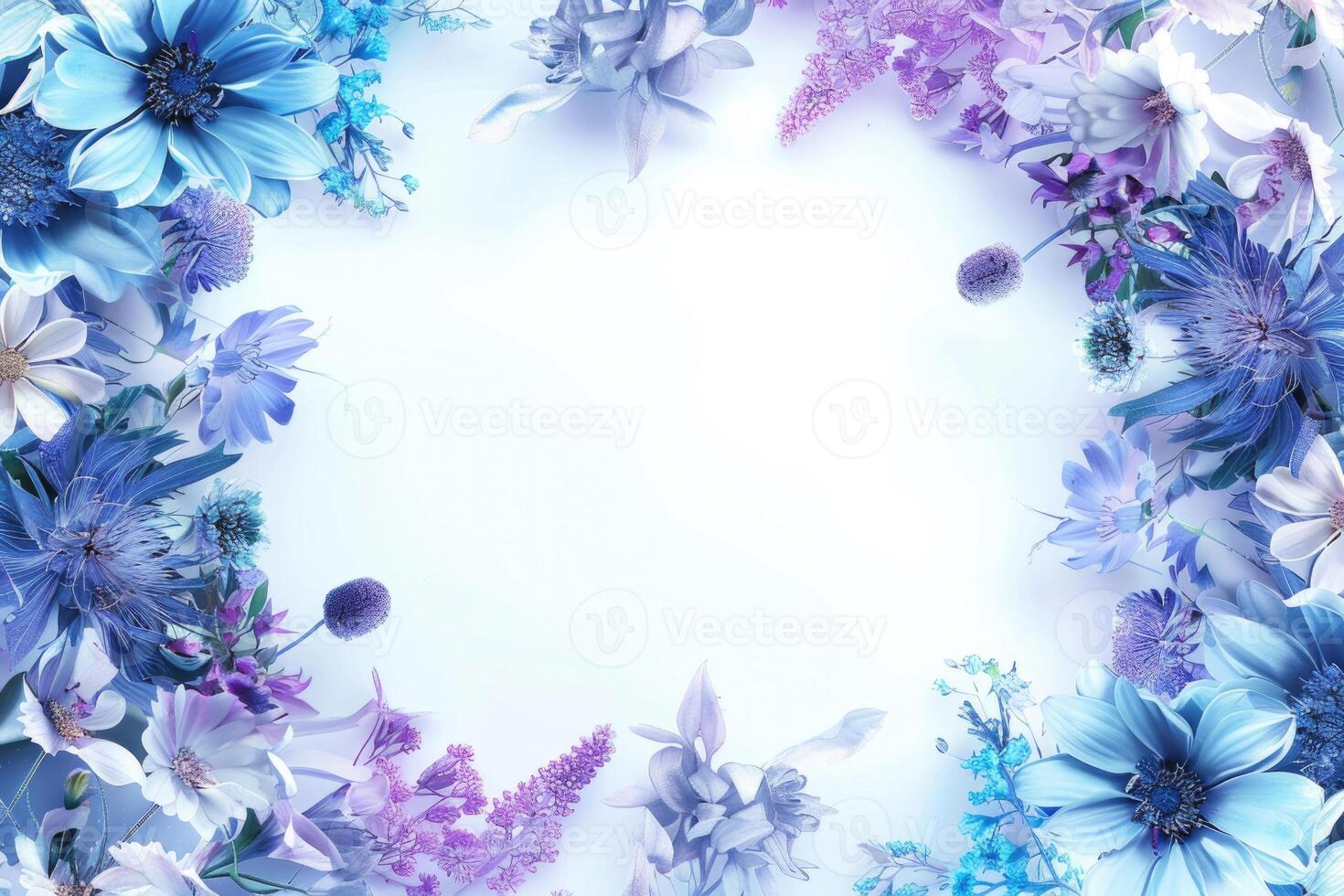 A floral banner with blue and purple flowers and a blank space for text in the center. photo