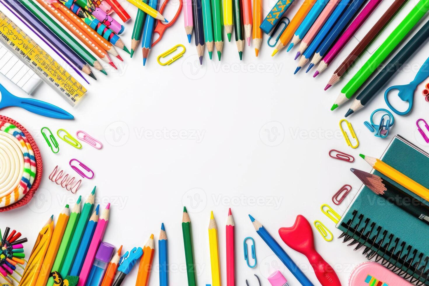 A clean white background with colorful school supplies around the edges. photo