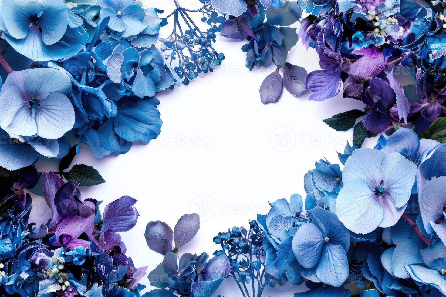A floral banner with blue and purple flowers and a blank space for text in the center. photo