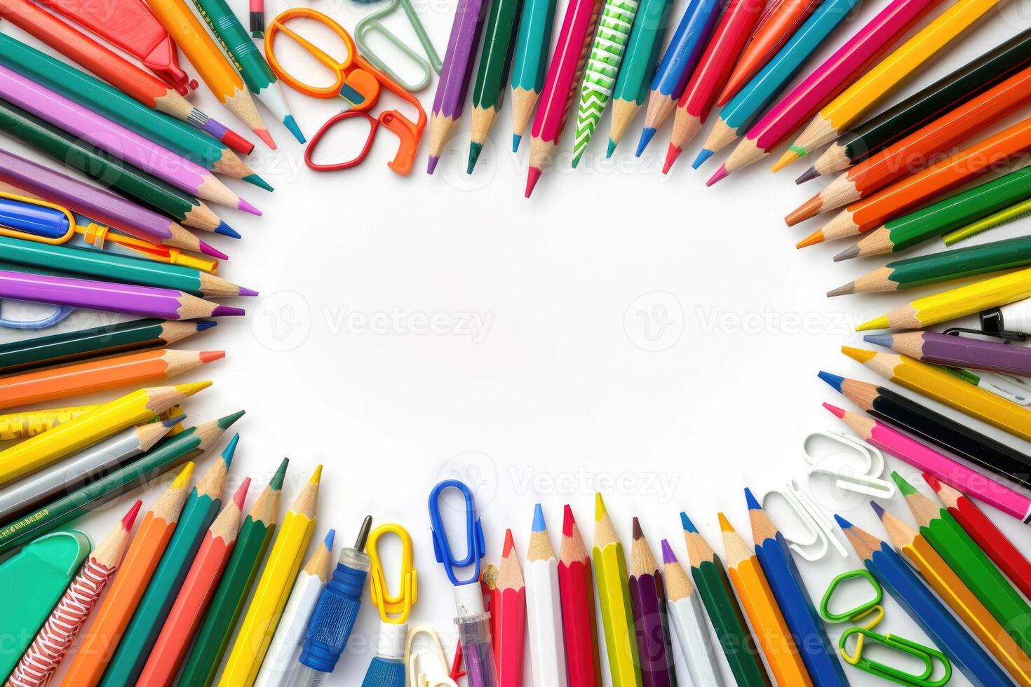 A clean white background with colorful school supplies around the edges. photo