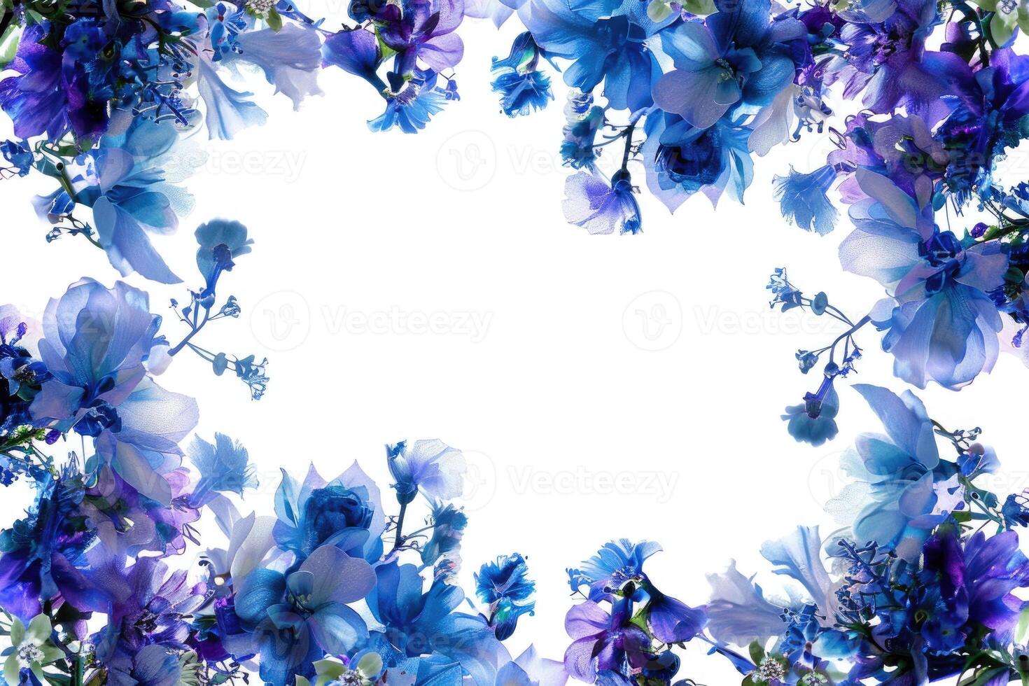 A floral banner with blue and purple flowers and a blank space for text in the center. photo