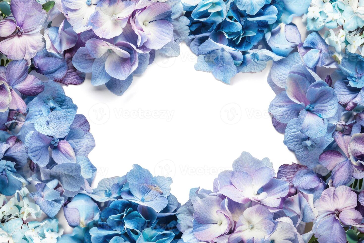 A floral banner with blue and purple flowers and a blank space for text in the center. photo