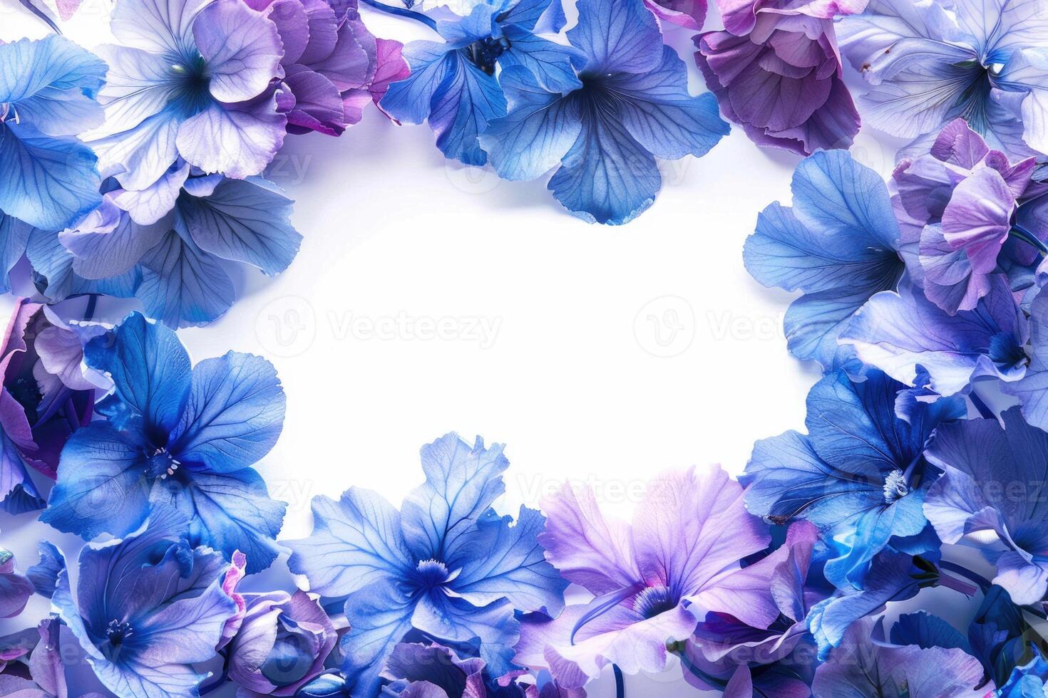 A floral banner with blue and purple flowers and a blank space for text in the center. photo