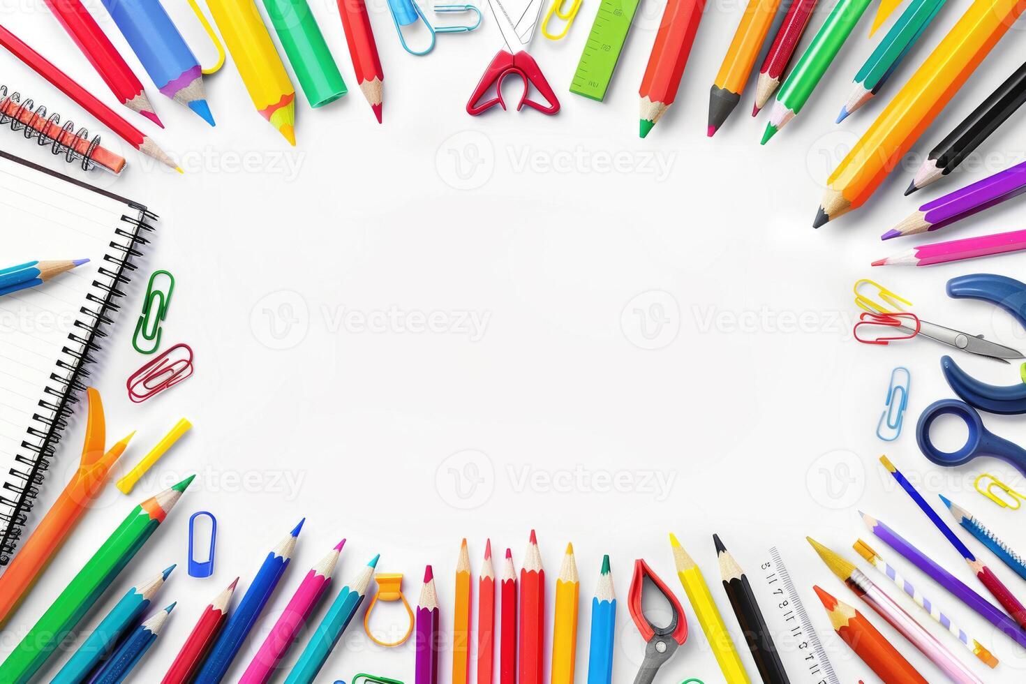 A clean white background with colorful school supplies around the edges. photo