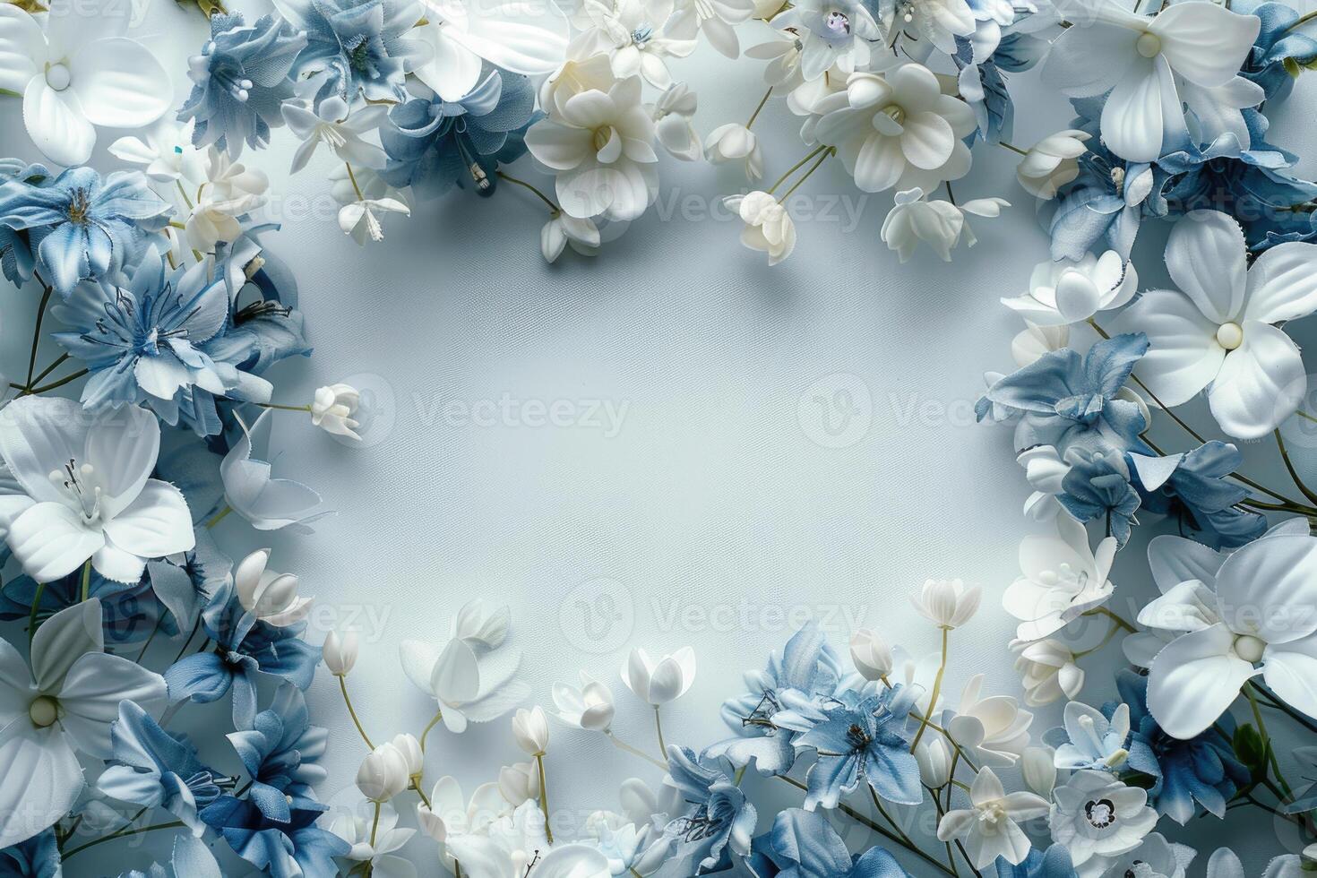 A floral banner featuring white and blue flowers with a spacious blank area for customization. photo