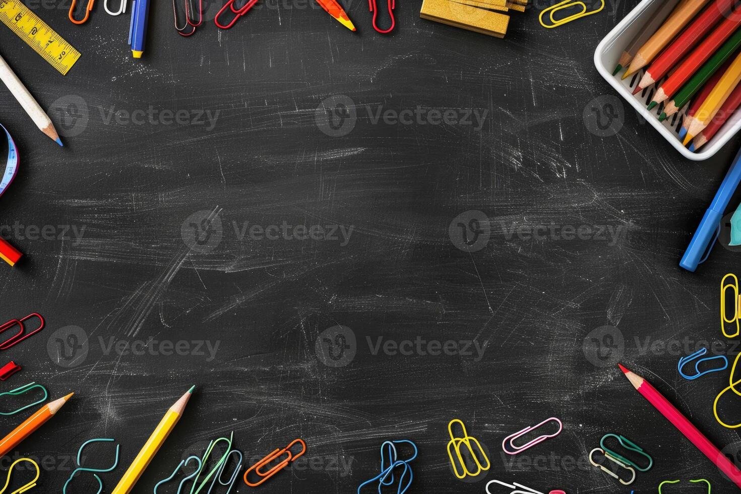 Chalkboard background with school supplies in the corners. photo