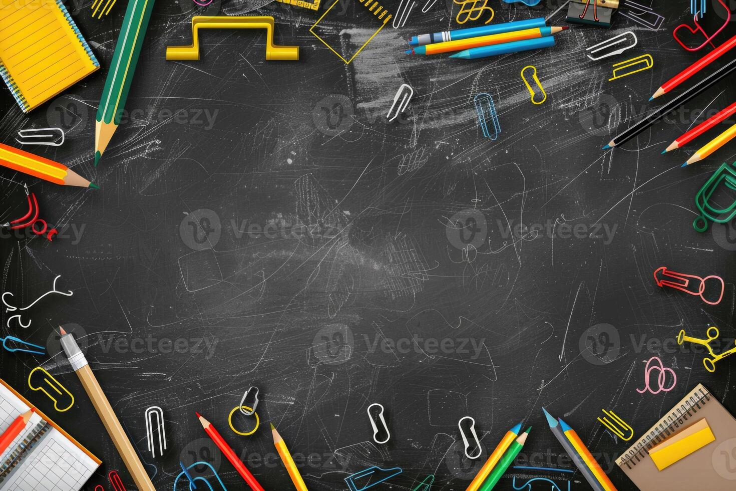 Chalkboard background with school supplies in the corners. photo