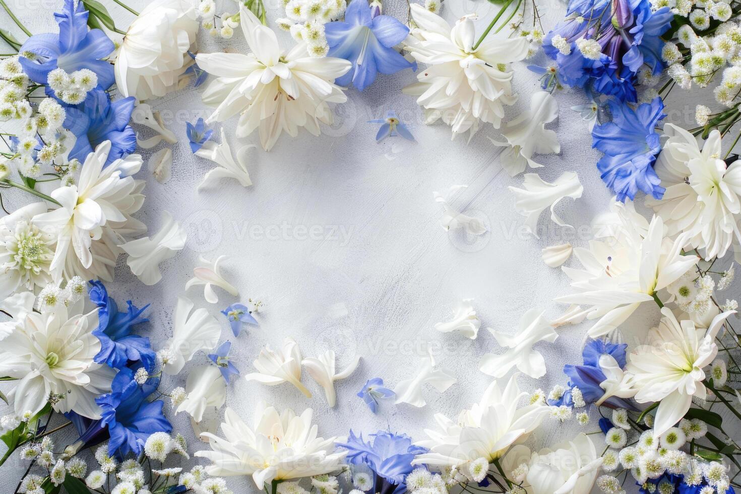 A floral banner featuring white and blue flowers with a spacious blank area for customization. photo