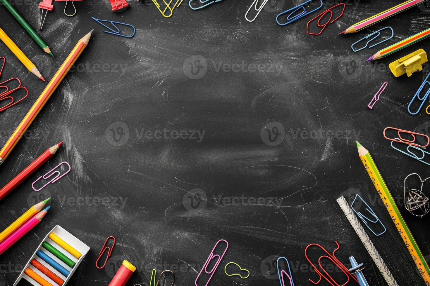 Chalkboard background with school supplies in the corners. photo