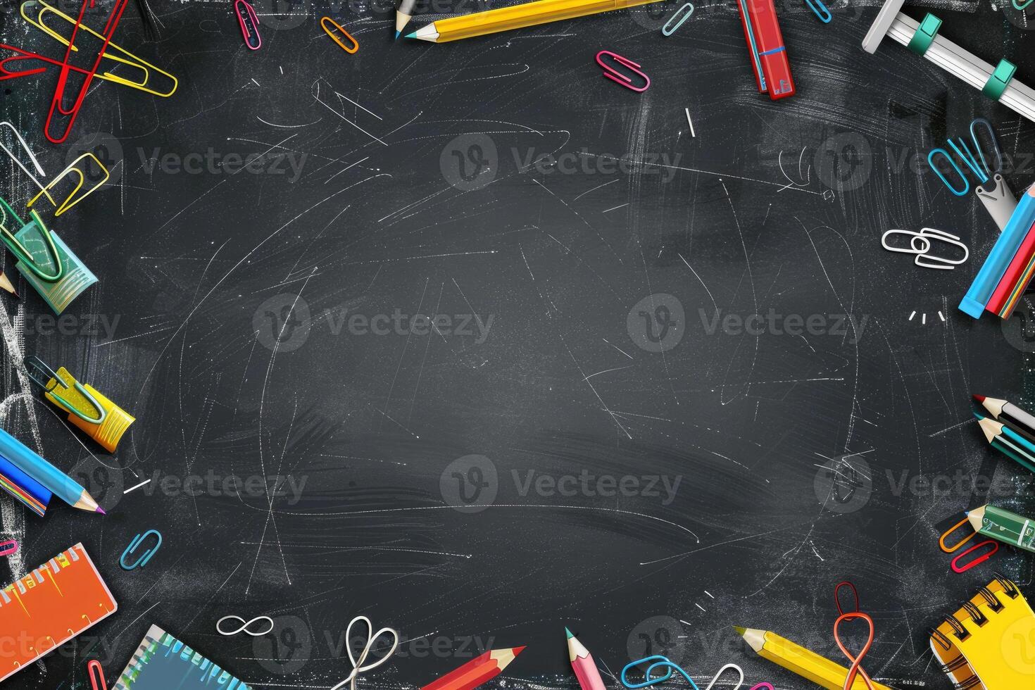 Chalkboard background with school supplies in the corners. photo