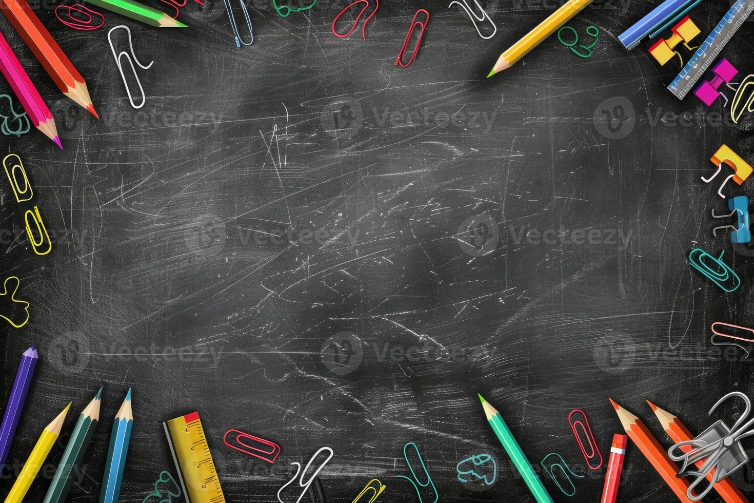 Chalkboard background with school supplies in the corners. photo