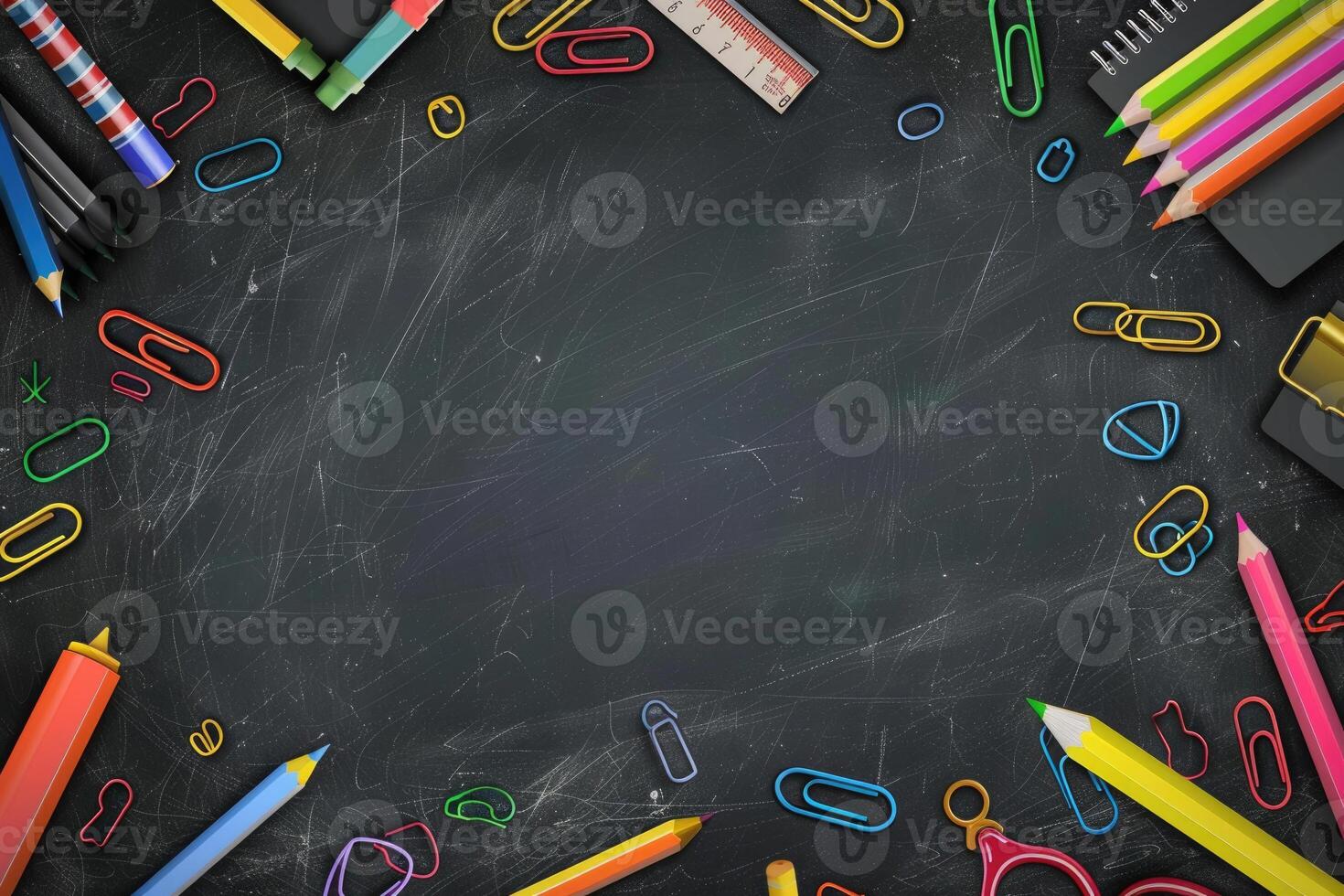 Chalkboard background with school supplies in the corners. photo