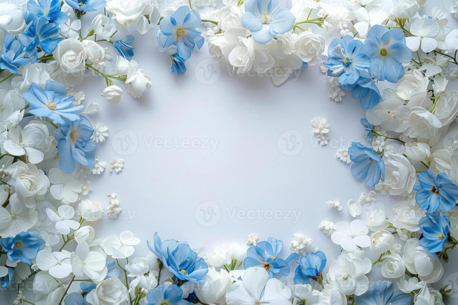 A floral banner featuring white and blue flowers with a spacious blank area for customization. photo