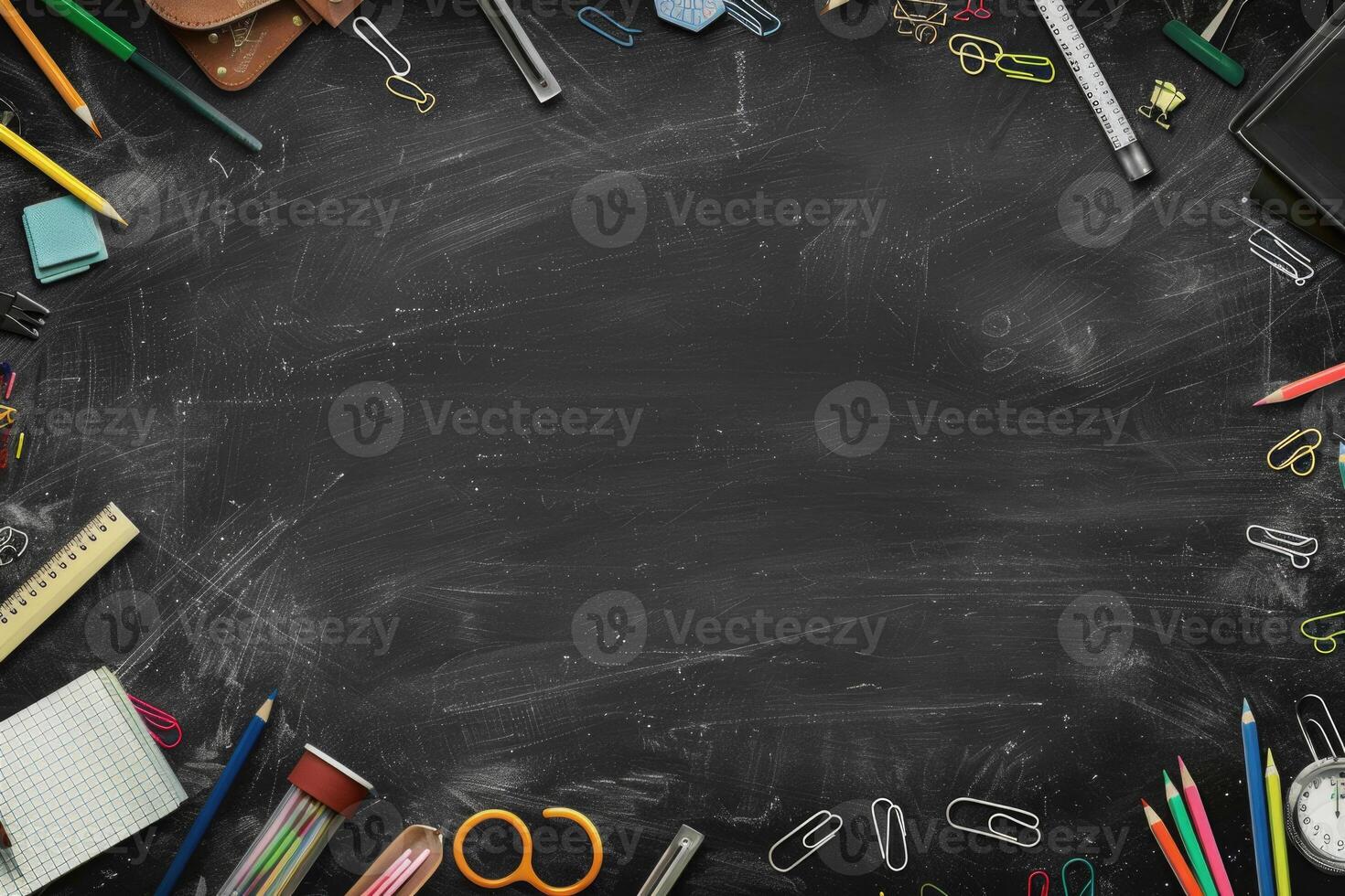 Chalkboard background with school supplies in the corners. photo
