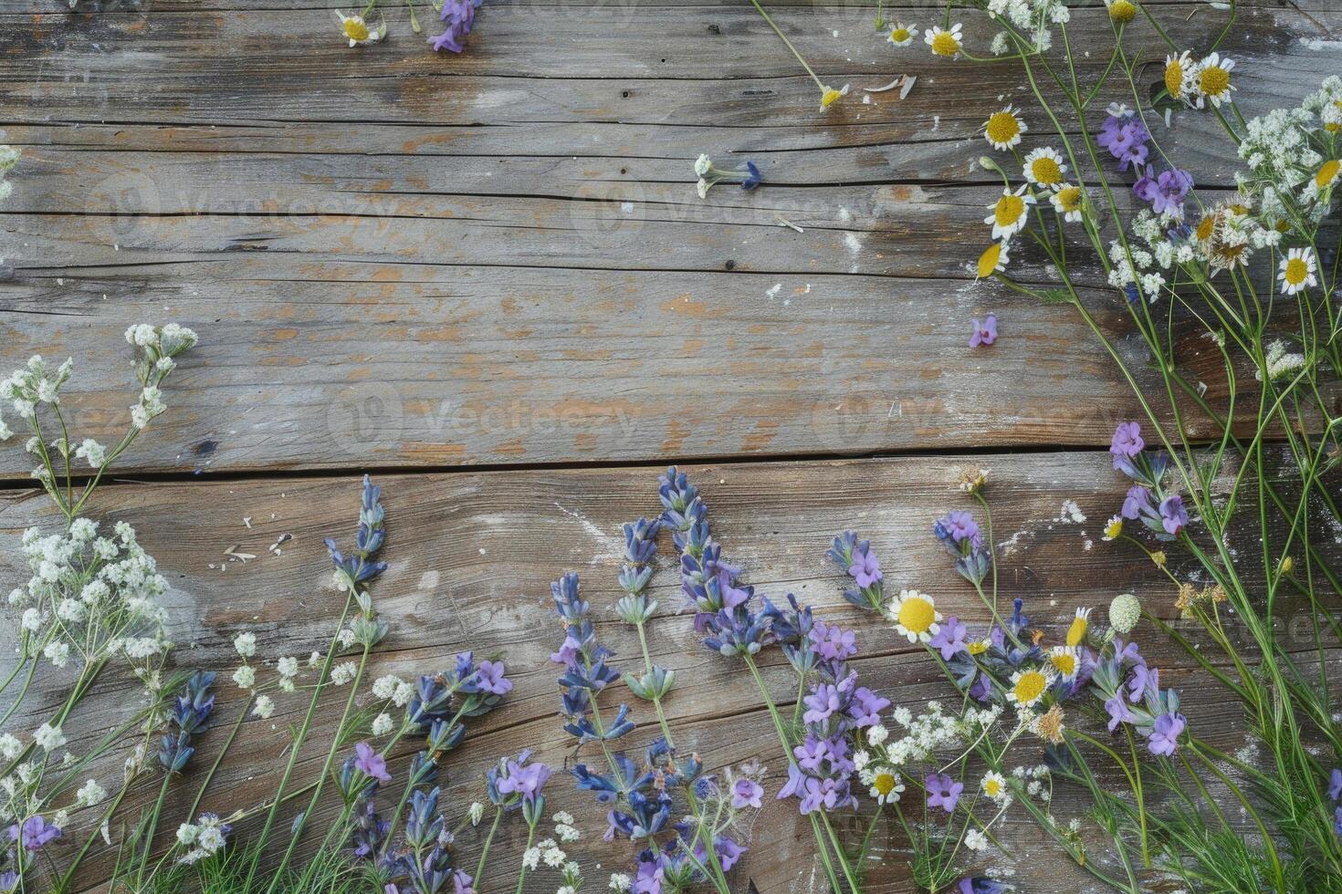 Rustic small flower bouquet with empty space on top. photo