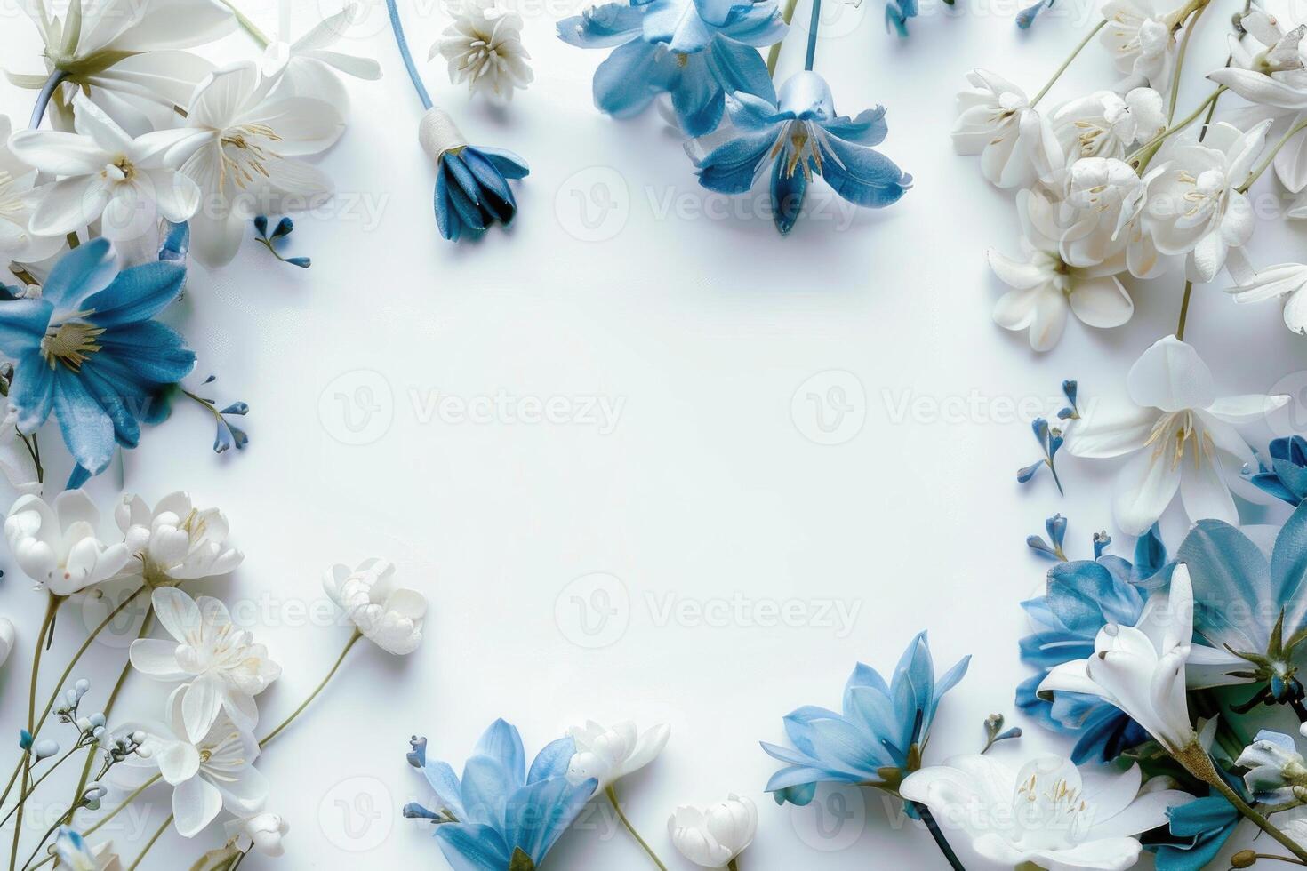 A floral banner featuring white and blue flowers with a spacious blank area for customization. photo