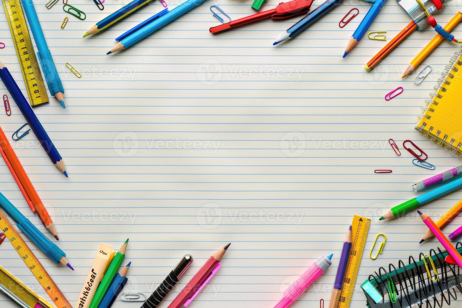 Lined paper background with scattered school supplies. photo
