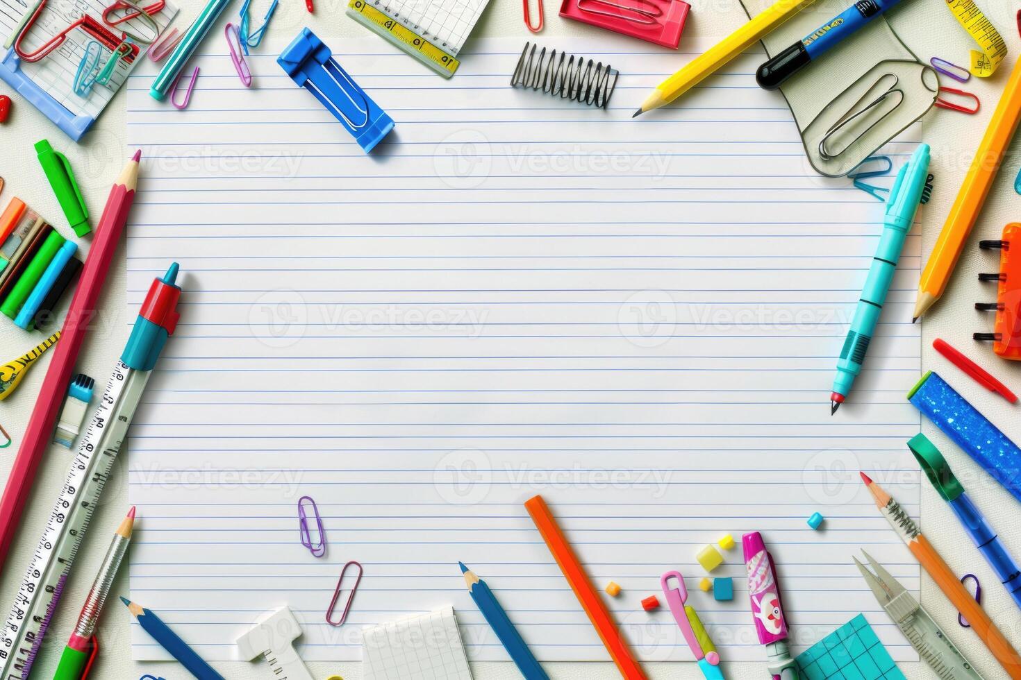 Lined paper background with scattered school supplies. photo