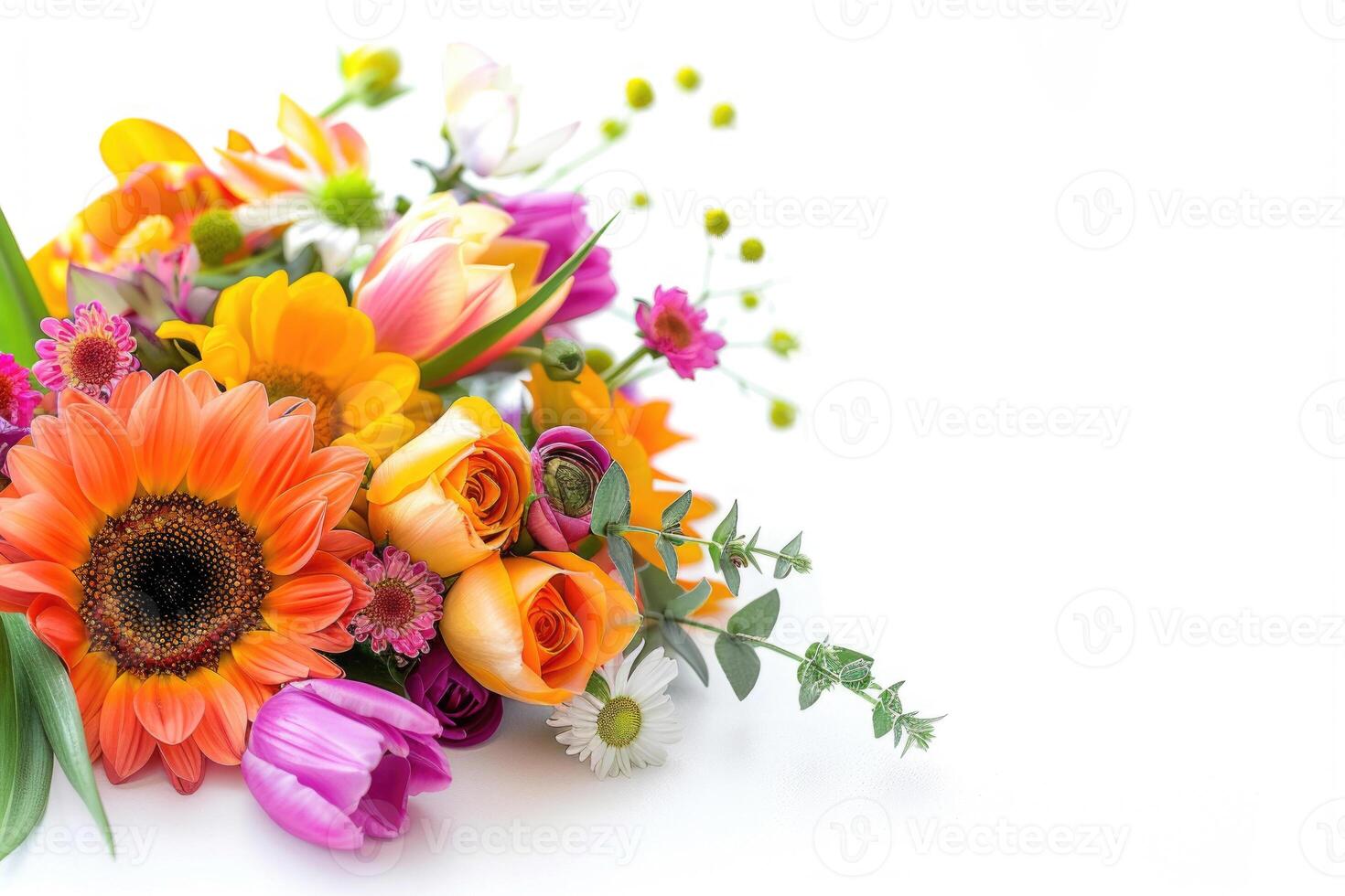 Small vibrant flower bouquet with empty space on the right. photo