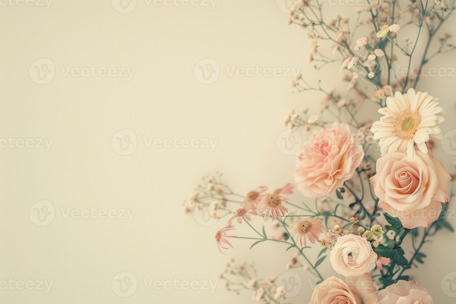 Small bouquet of pastel flowers with empty space on the left. photo