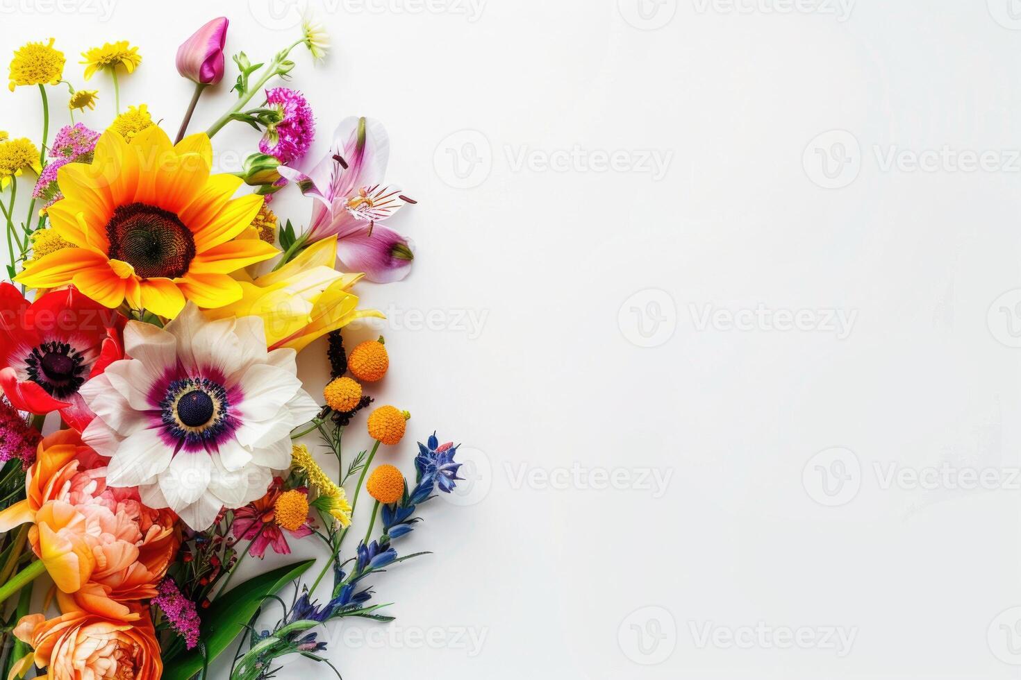 Small vibrant flower bouquet with empty space on the right. photo