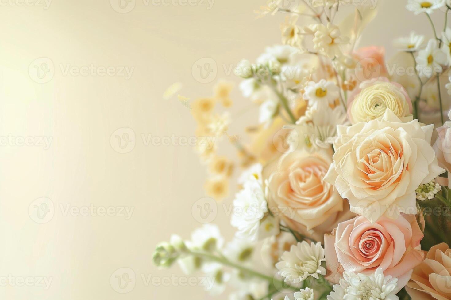 Small bouquet of pastel flowers with empty space on the left. photo