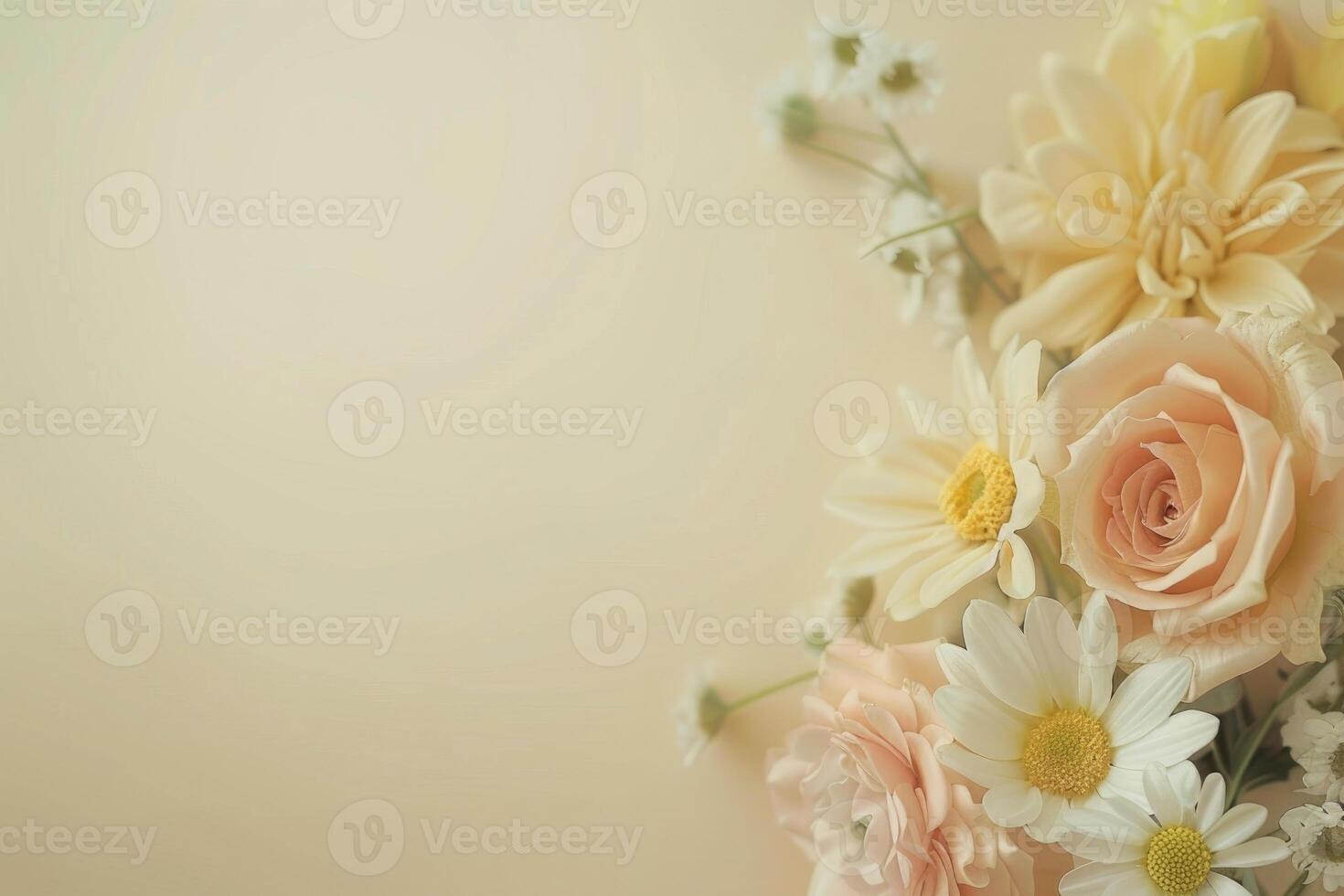 Small bouquet of pastel flowers with empty space on the left. photo