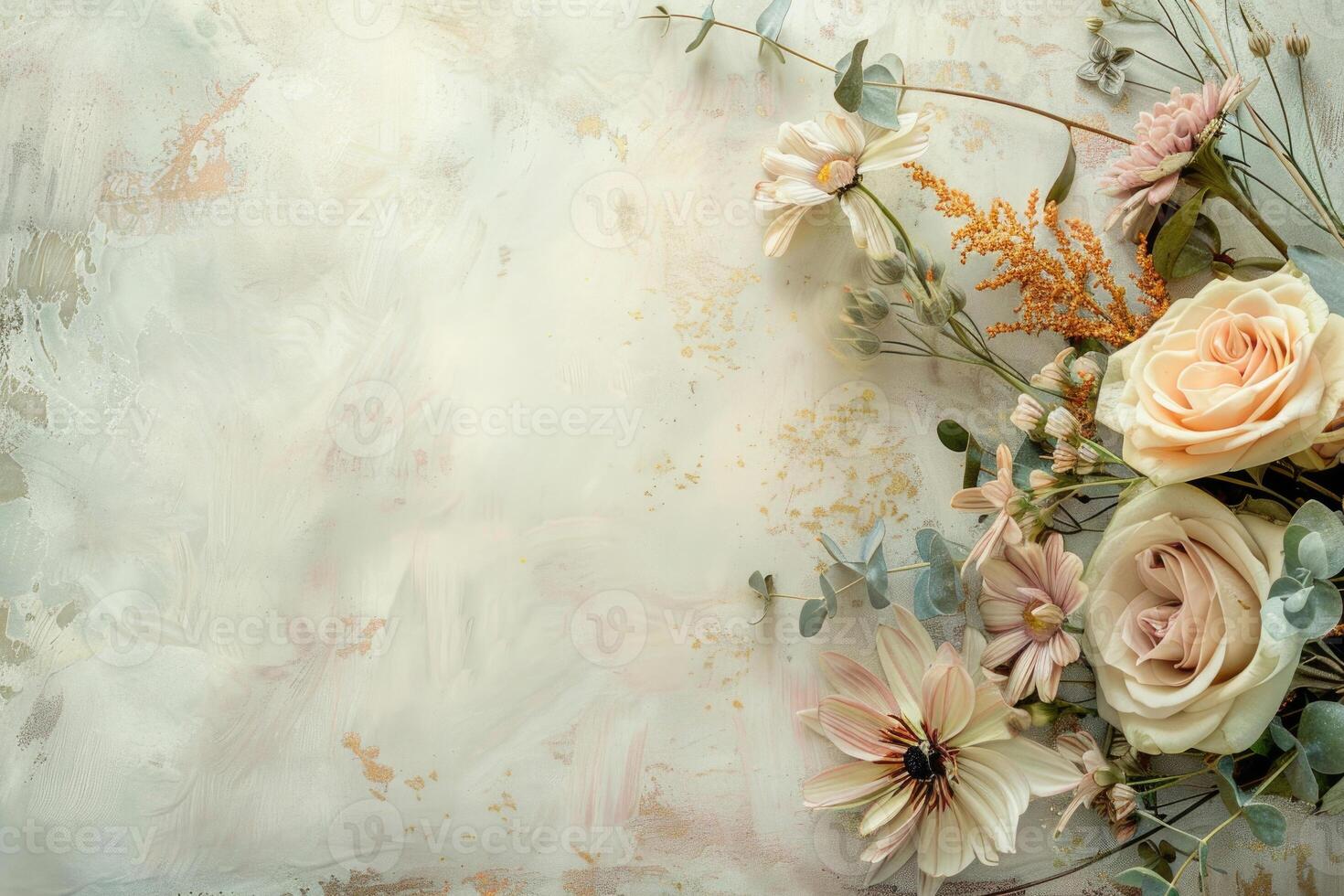Small bouquet of pastel flowers with empty space on the left. photo
