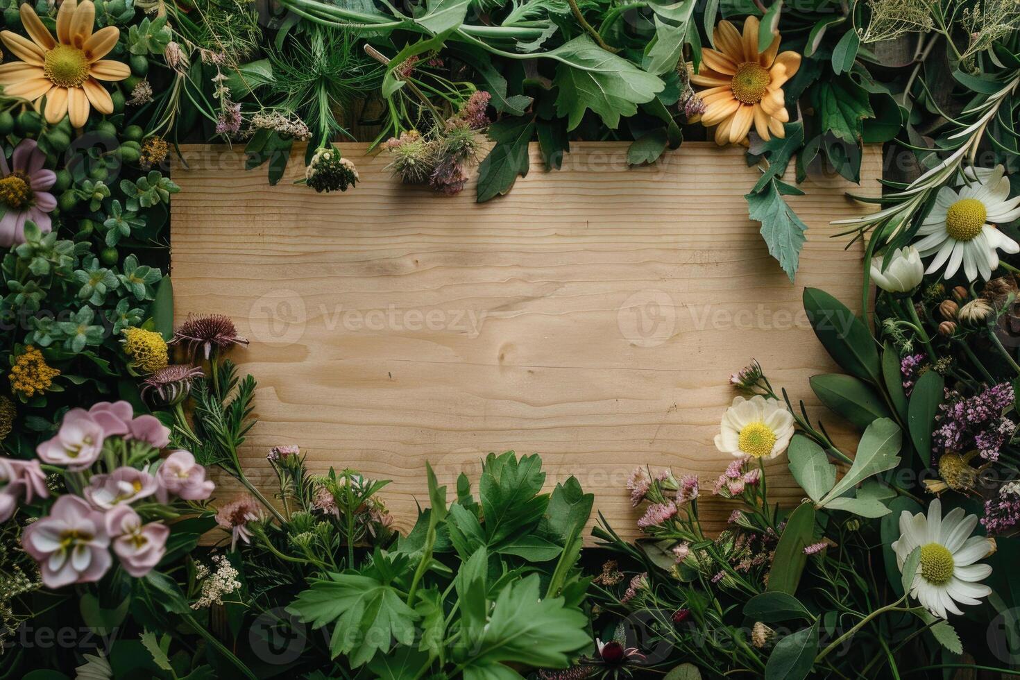A rustic floral banner with an empty space for design elements. photo