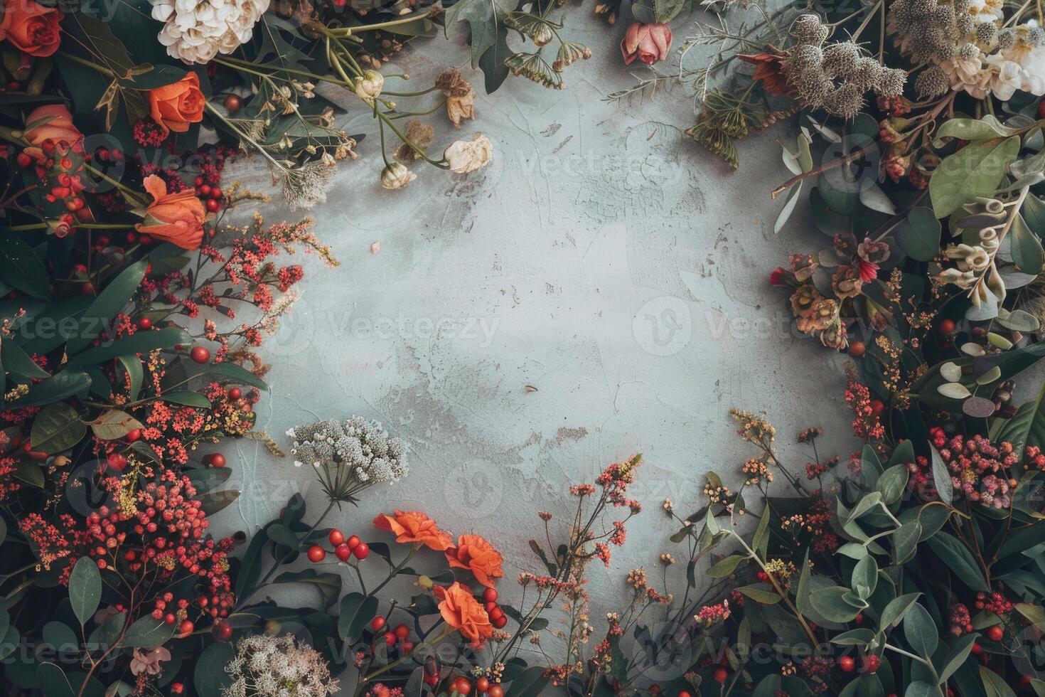 A rustic floral banner with an empty space for design elements. photo