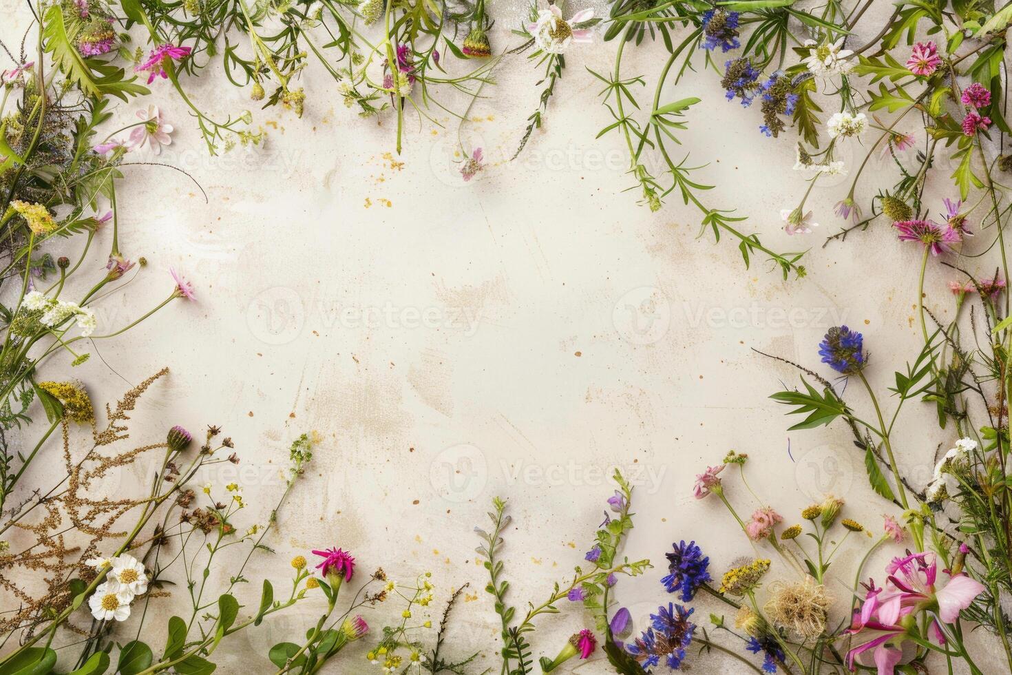 A rustic floral banner with an empty space for design elements. photo