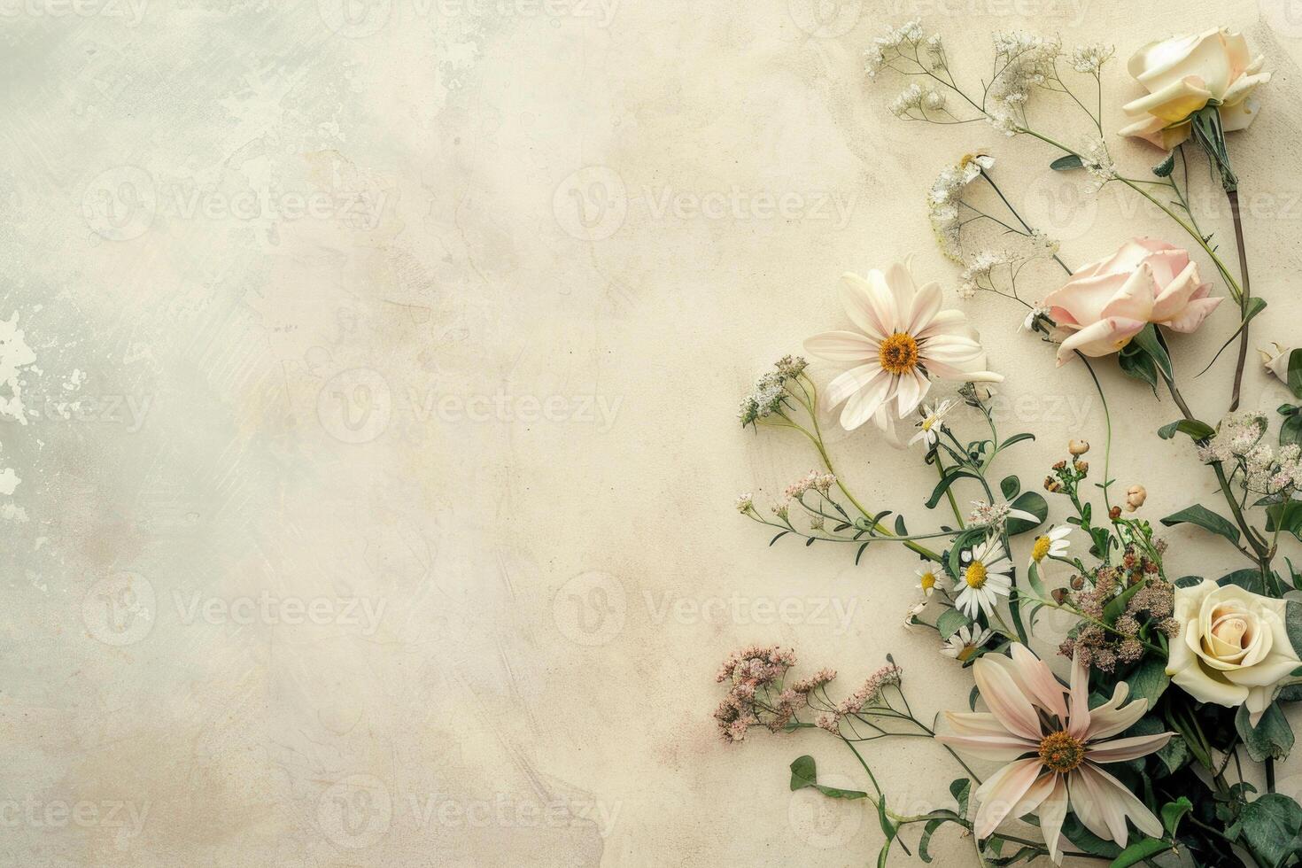 Small bouquet of pastel flowers with empty space on the left. photo