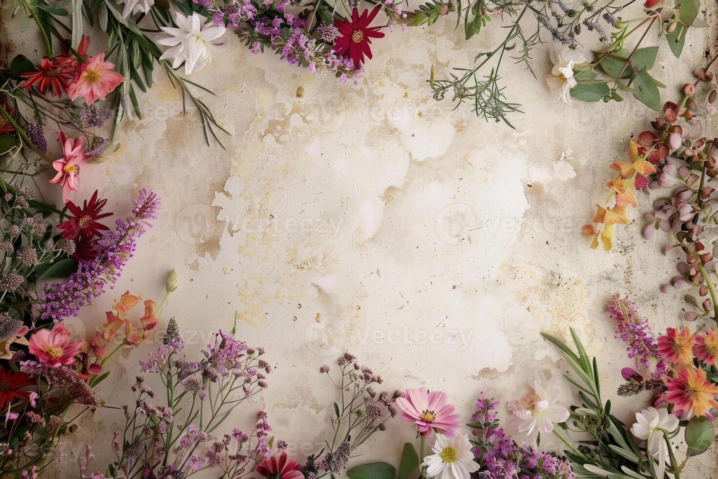 A rustic floral banner with an empty space for design elements. photo