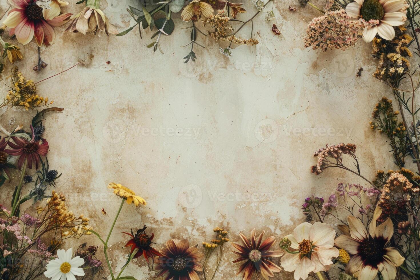 A rustic floral banner with an empty space for design elements. photo