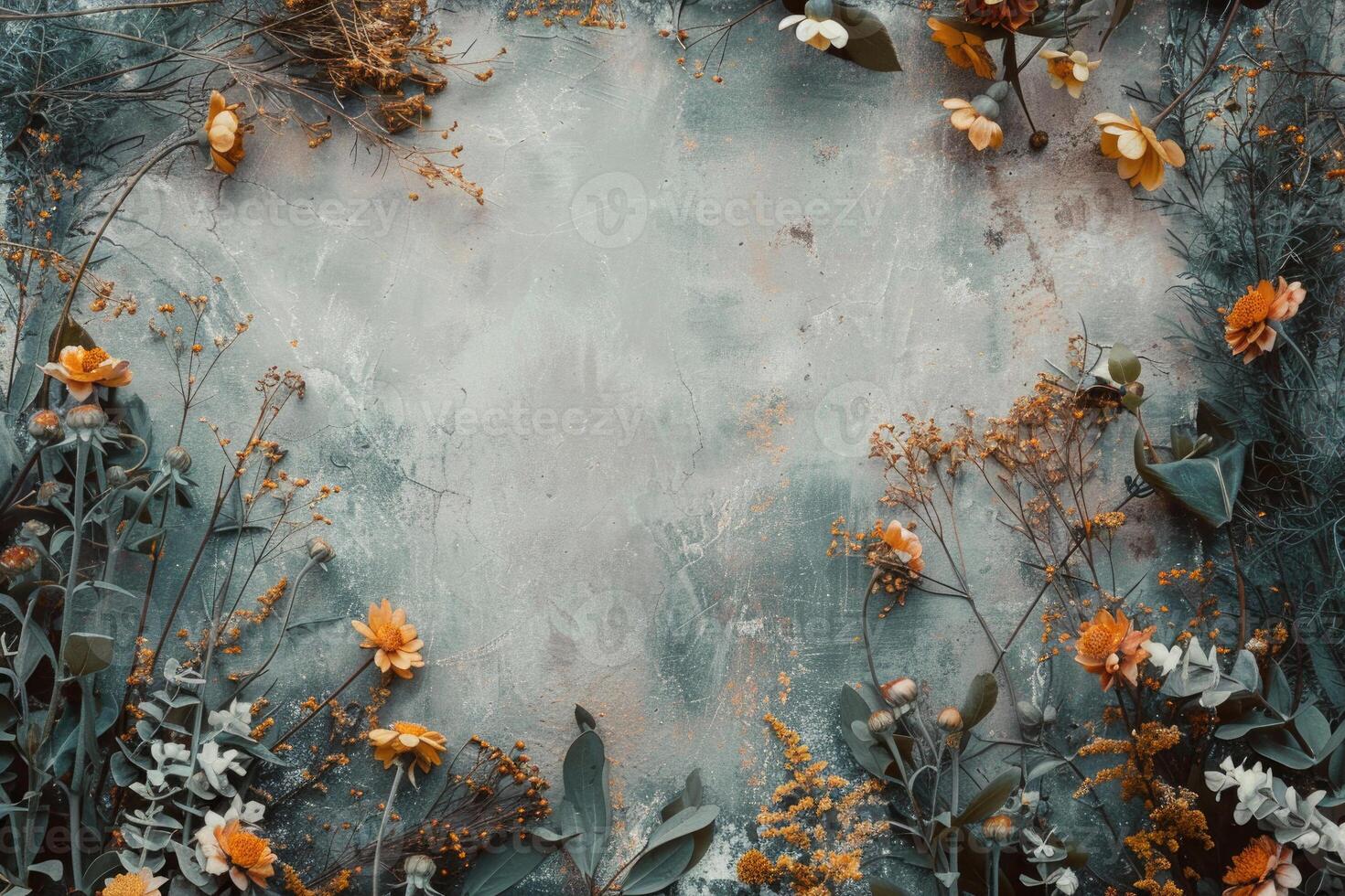 A rustic floral banner with an empty space for design elements. photo