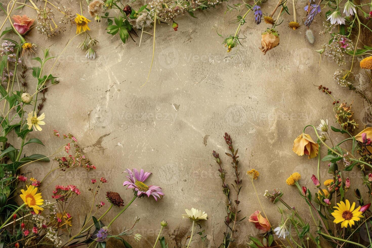 A rustic floral banner with an empty space for design elements. photo