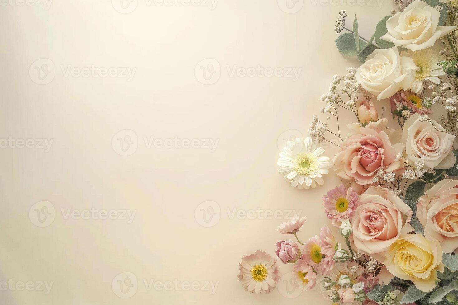 Small bouquet of pastel flowers with empty space on the left. photo
