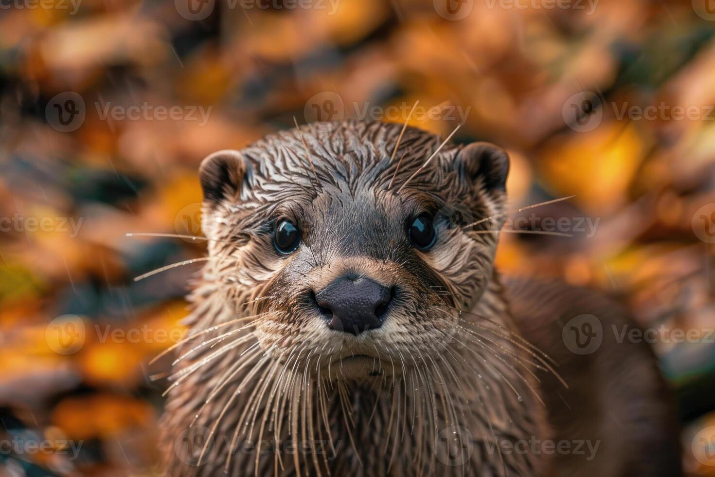 A curious otter looks directly into the camera. photo