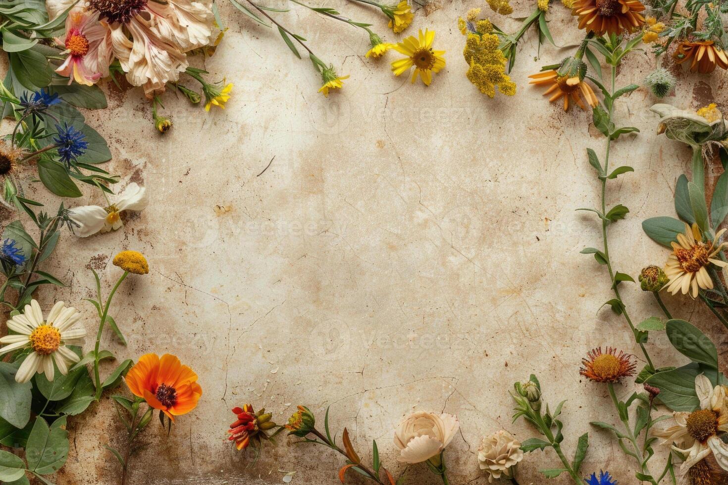 A rustic floral banner with an empty space for design elements. photo