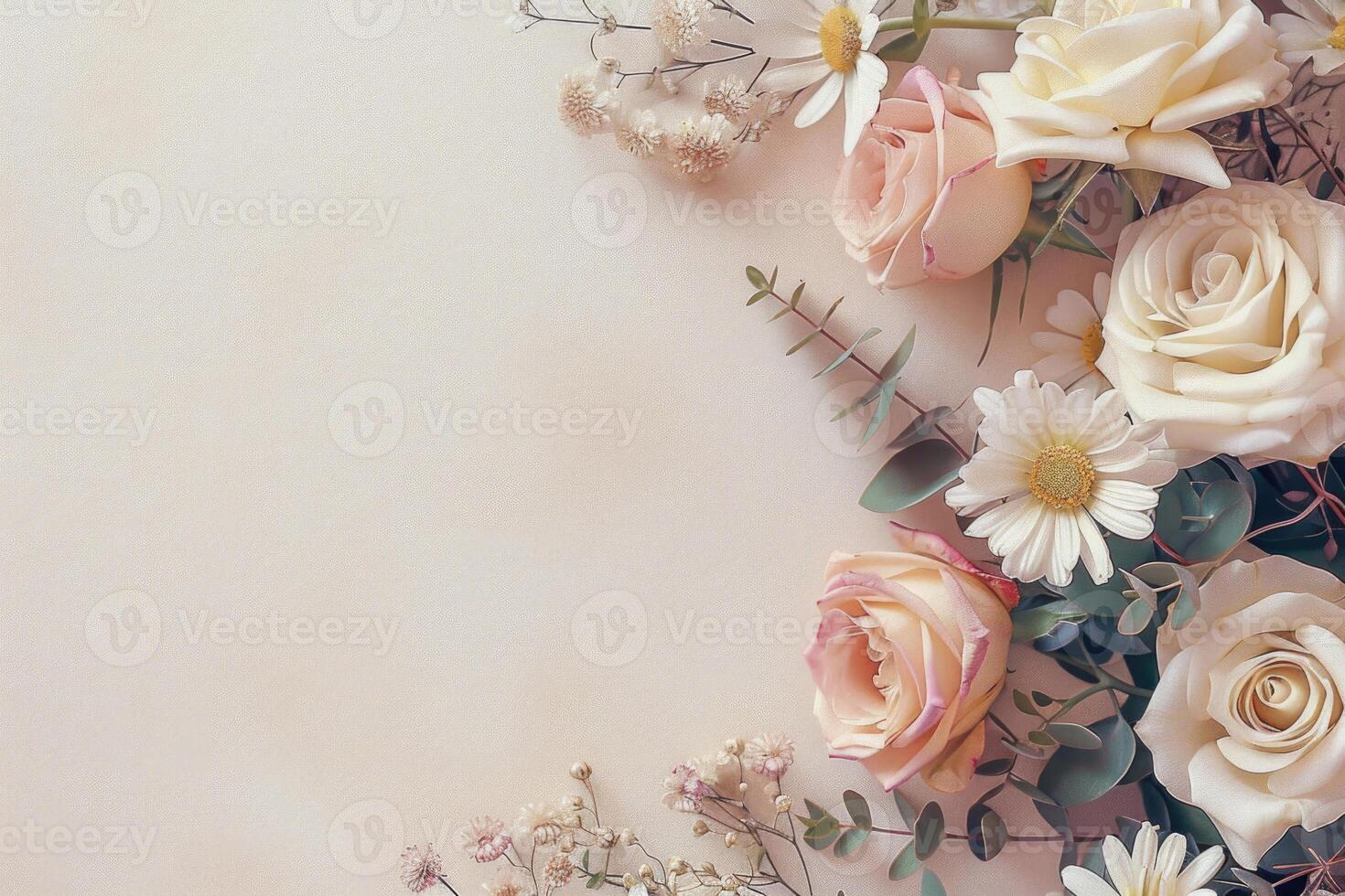 Small bouquet of pastel flowers with empty space on the left. photo
