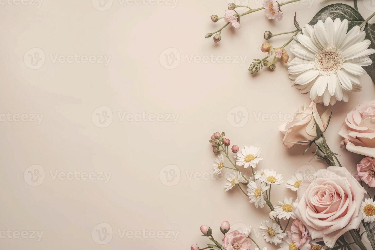 Small bouquet of pastel flowers with empty space on the left. photo