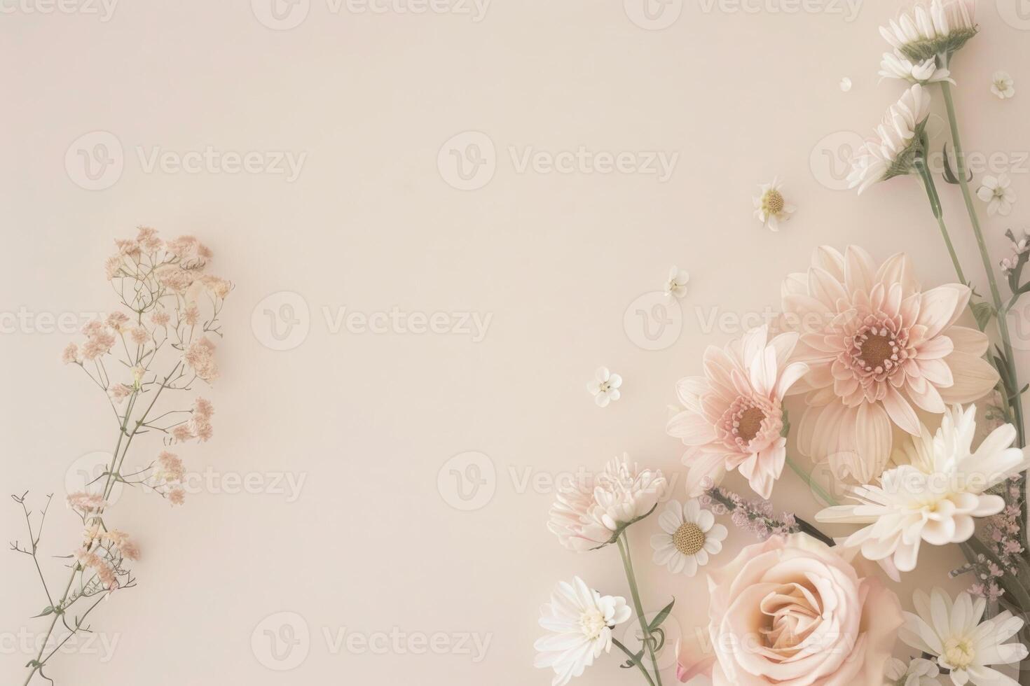 Small bouquet of pastel flowers with empty space on the left. photo
