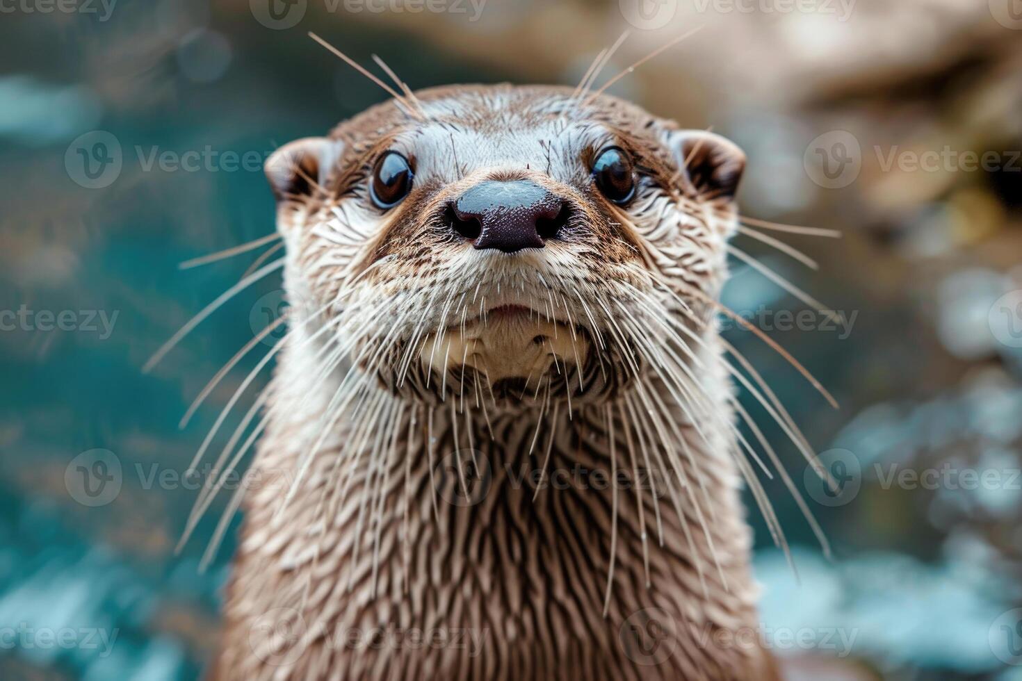 A curious otter looks directly into the camera. photo