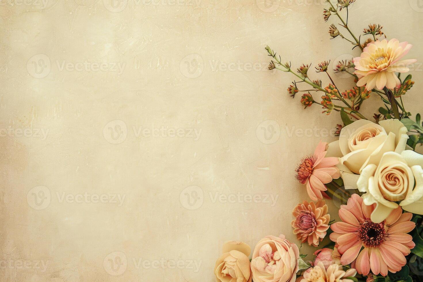 Small bouquet of pastel flowers with empty space on the left. photo