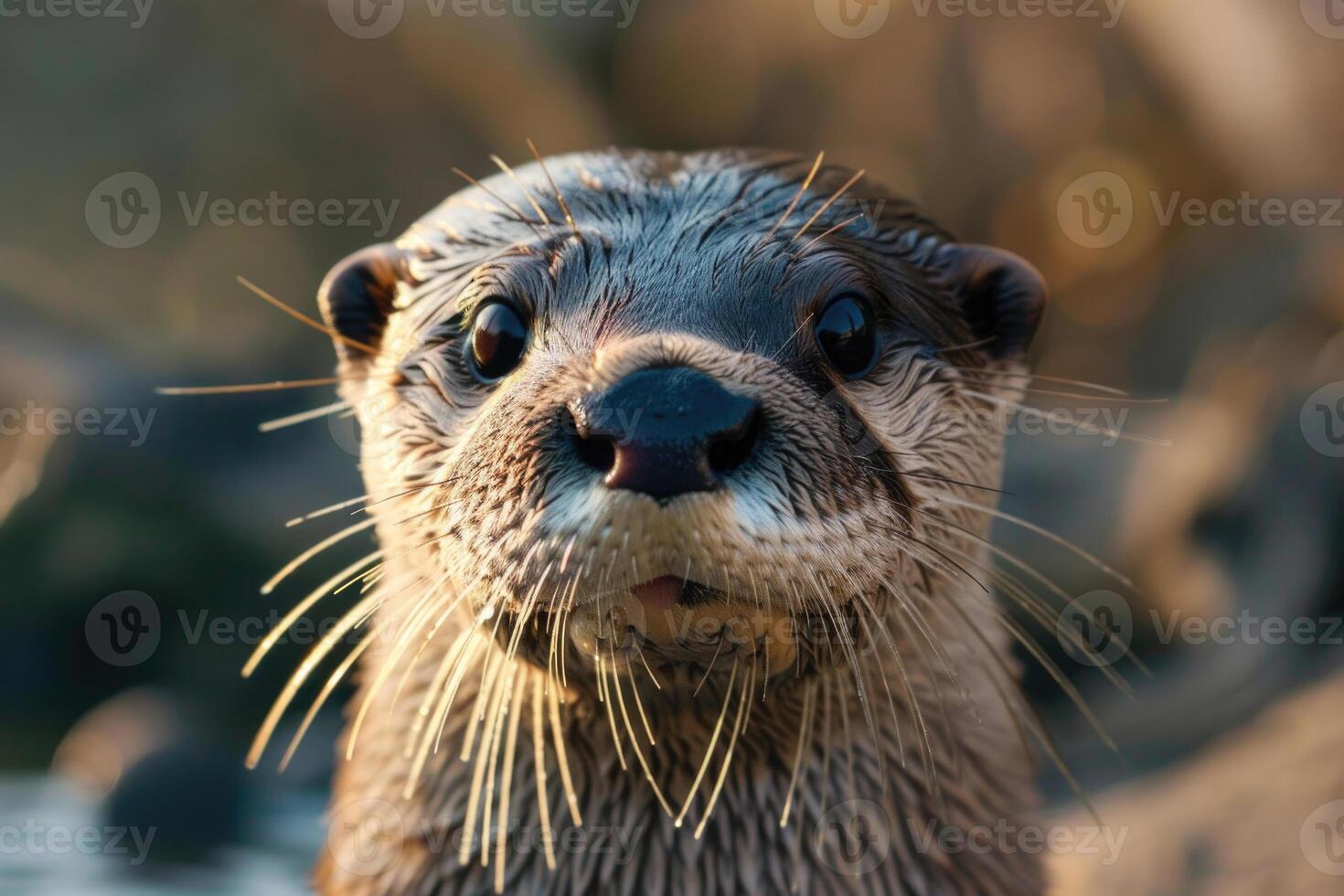 A curious otter looks directly into the camera. photo