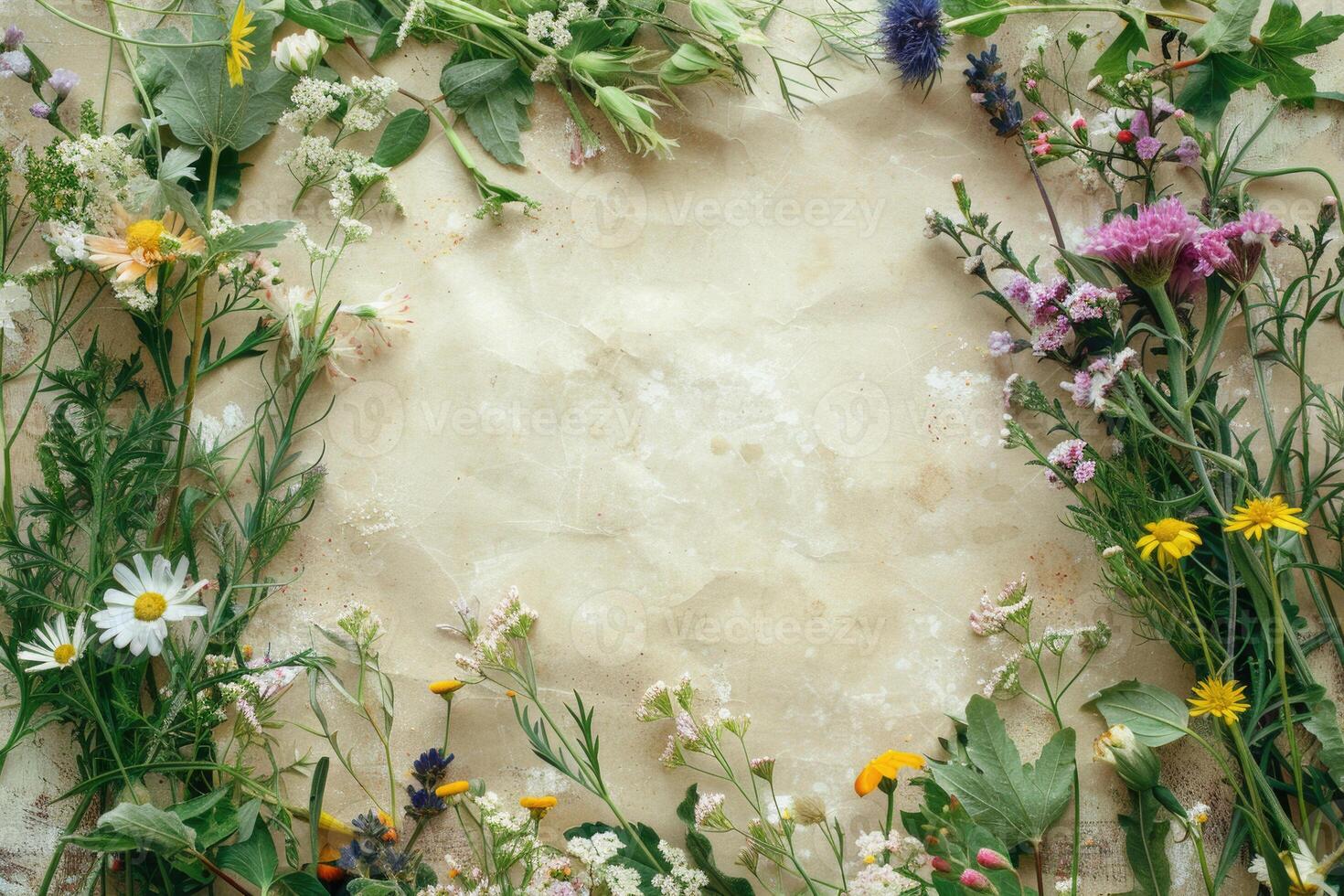 A rustic floral banner with an empty space for design elements. photo