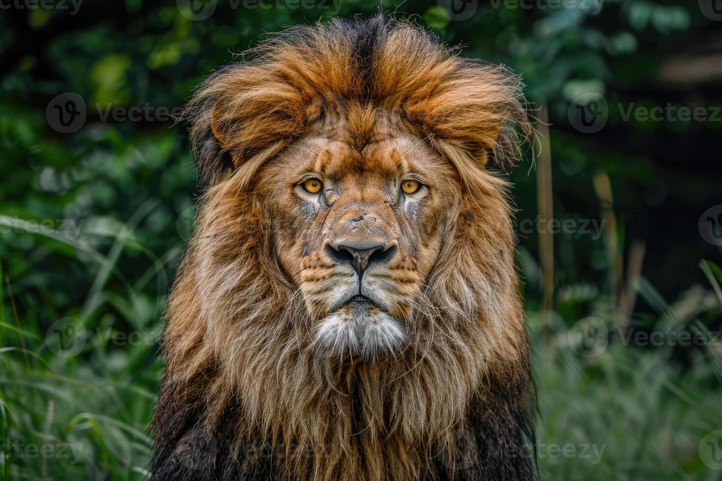 A majestic lion with a regal mane stares into the camera. photo
