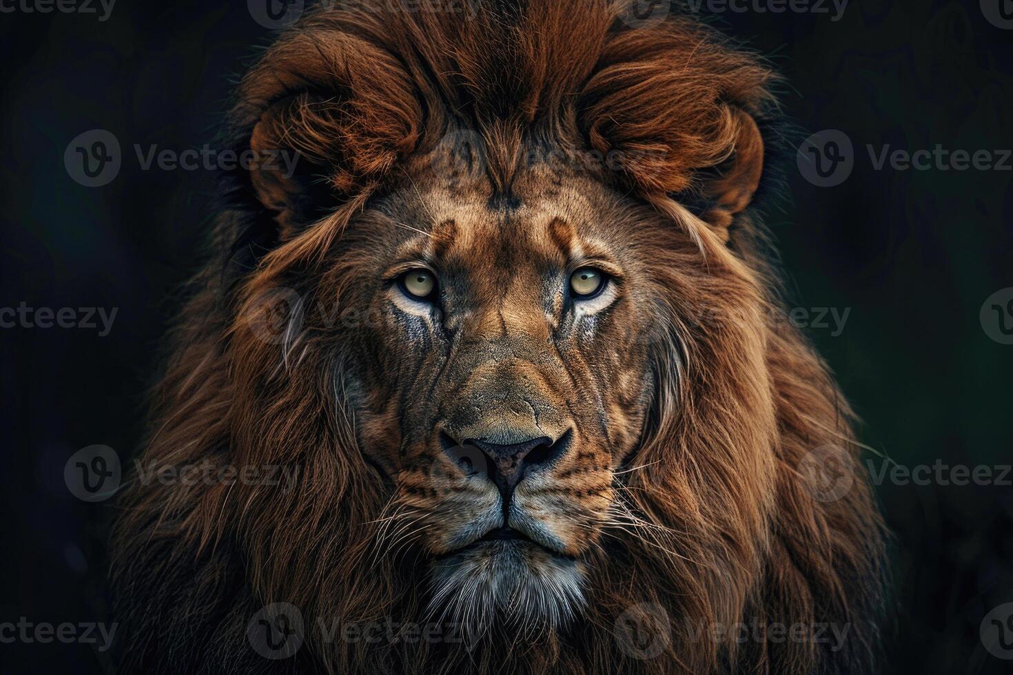 A majestic lion with a regal mane stares into the camera. photo